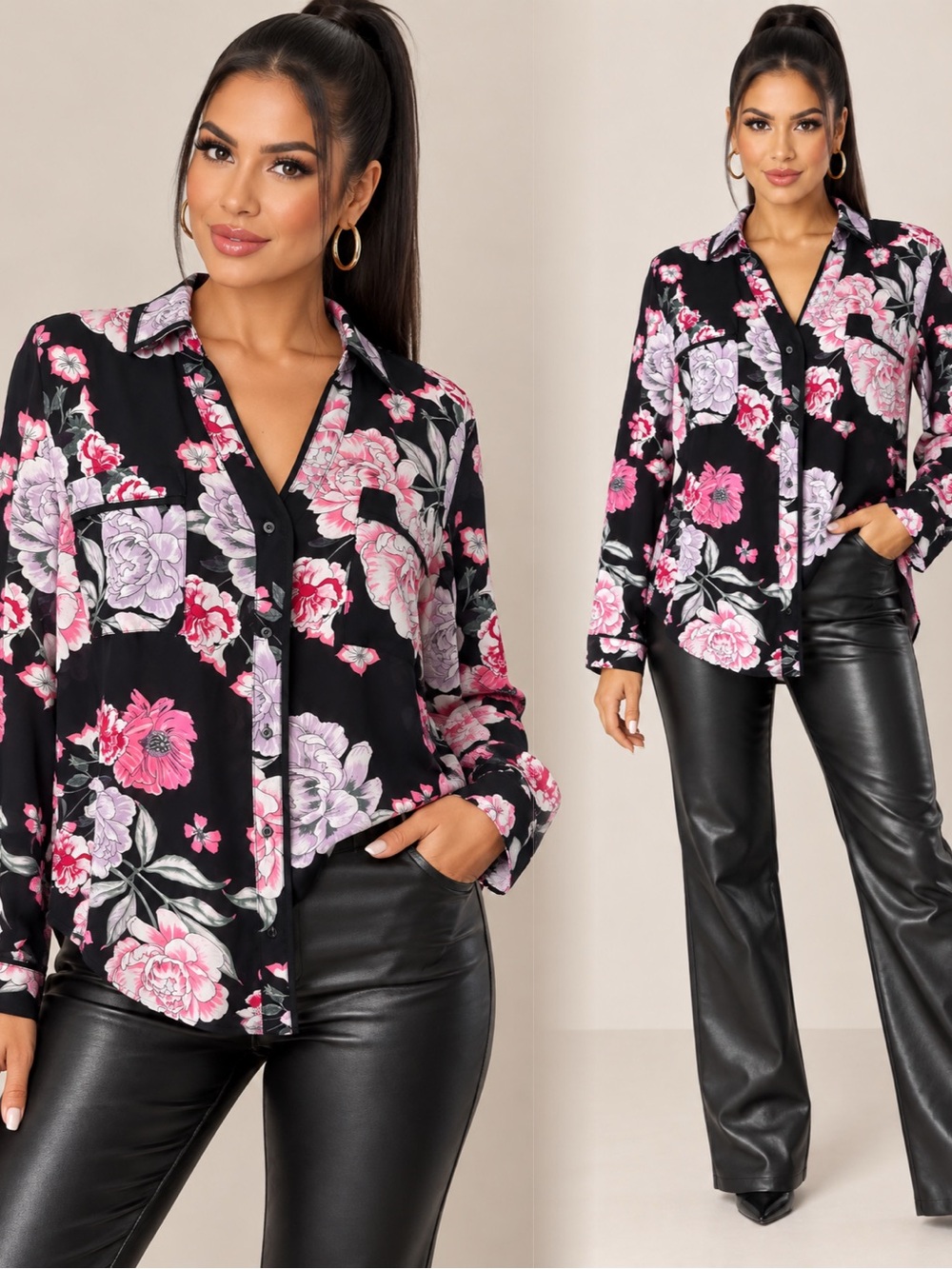 Candie's Black Floral Button-Down Shirt with Pink & Lavender Blooms